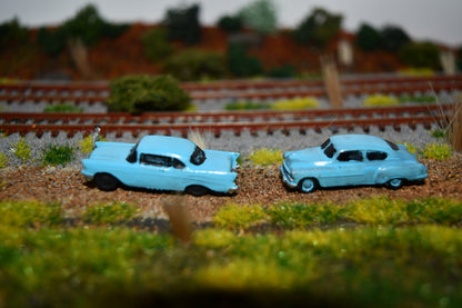 N scale resin cars from the 1950s. Including two 55-57 Chevys and two 51 Chevys