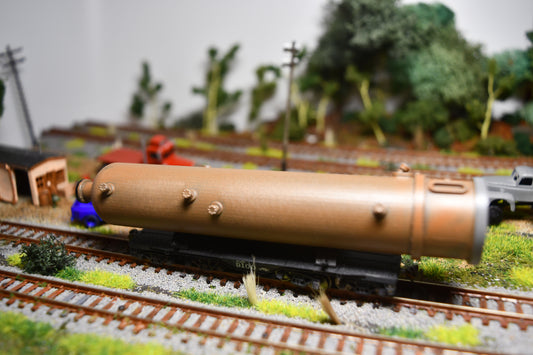 Heavy flat car reactor load in N scale