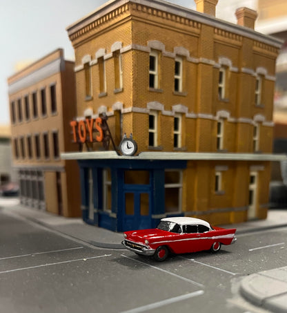 Cars from the 1950s. Including two 55-57 Chevys and two 51 Chevys in N scale