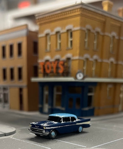 Cars from the 1950s. Including two 55-57 Chevys and two 51 Chevys in N scale
